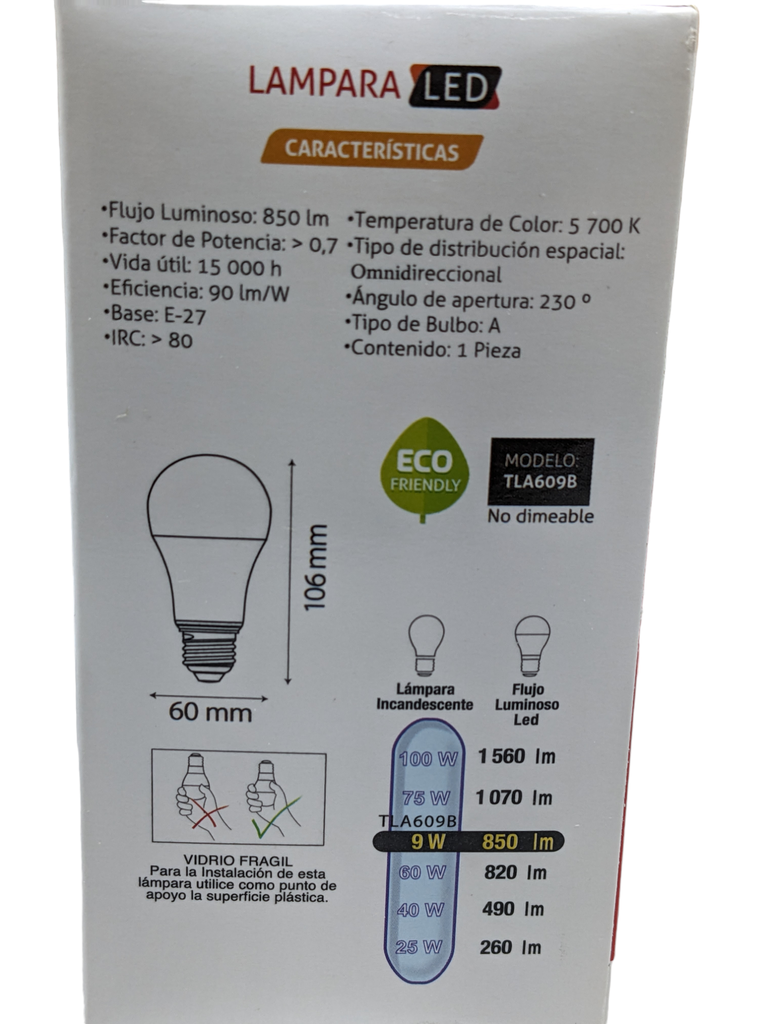FOCO LED  A19  E26   9W  57K (LUZ BLANCA)  127V  TISHMAN  (850lm)