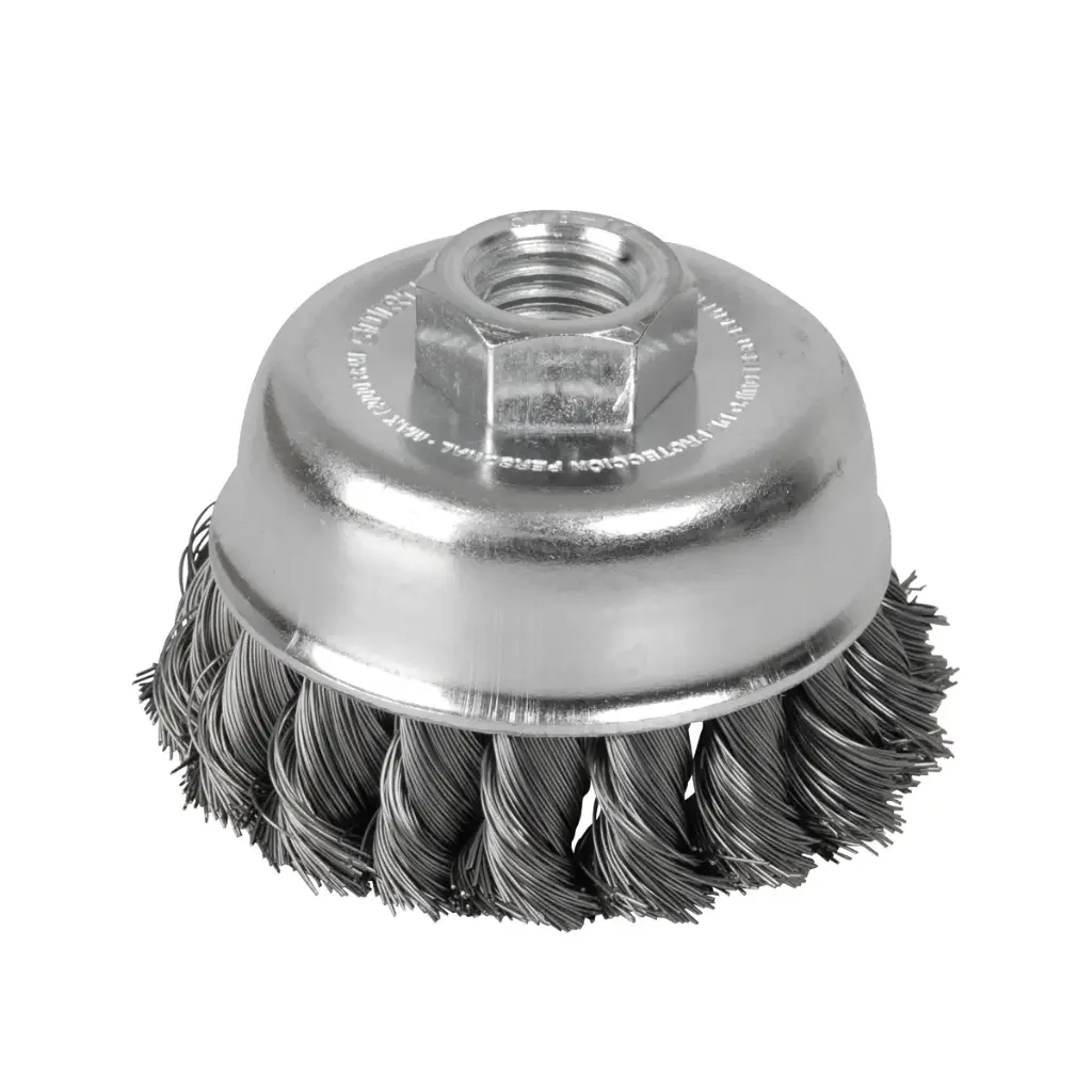 Carda copa trenzada alambre delgado de acero inoxidable 3" x 0.35 mm con rosca 5/8" Surtek