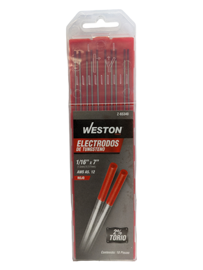 ELECTRODO TUNGSTENO ROJO 1.60 X 175mm (1/16" X 7") 2% WESTON, 10pzs