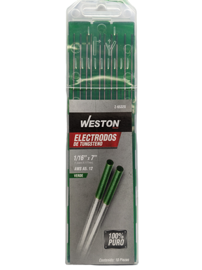ELECTRODO TUNGSTENO VERDE 1.60 X 175mm (1/16" X 7") PURO, WESTON, 10pzs