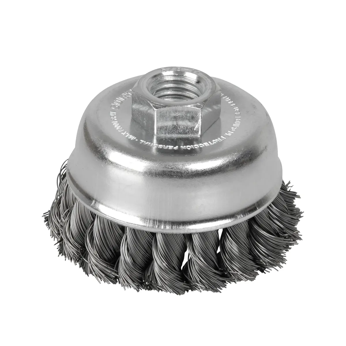 Carda copa trenzada alambre grueso de acero inoxidable 4" x 0.50 mm con rosca 5/8" Surtek